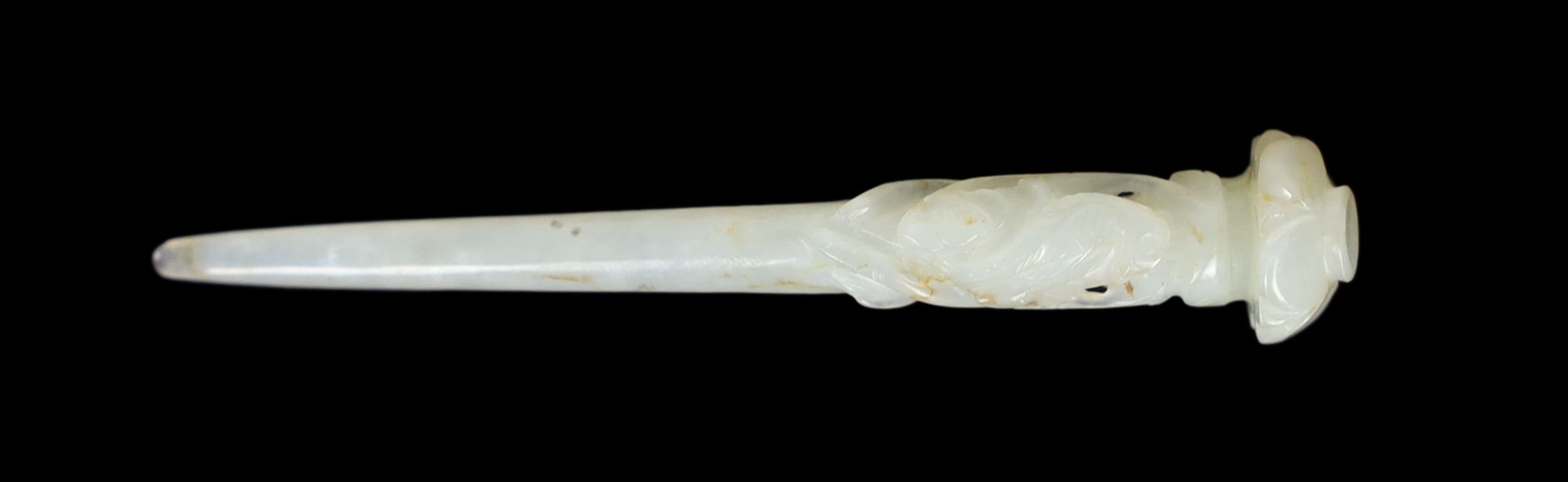 A Chinese pale celadon jade hair pin, Qing dynasty, probably shortened, Please note this lot attracts an additional import tax of 5% on the hammer price